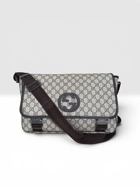 Gucci Interocking  GG Supreme Messenger Bag with Brown Strap